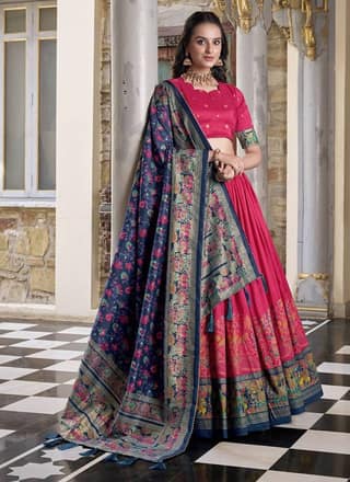 Red & Dark Blue Art Silk & Silk Blend Embroidered & Floral Print & Geometric Print & Digital Print Lehenga Choli For Women