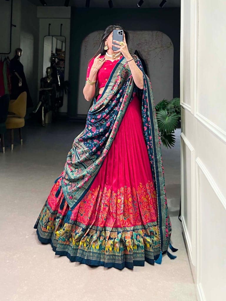 Red & Dark Blue Art Silk & Silk Blend Embroidered & Floral Print & Geometric Print & Digital Print Lehenga Choli For Women view 3