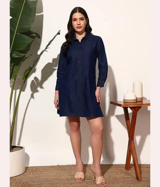 Addyvero Women Denim Solid A-line Dress ( Light Blue )