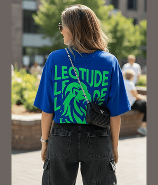 Leotude Women Cotton Blend Printed Oversized Fit Round Neck T-Shirt ( Blue )