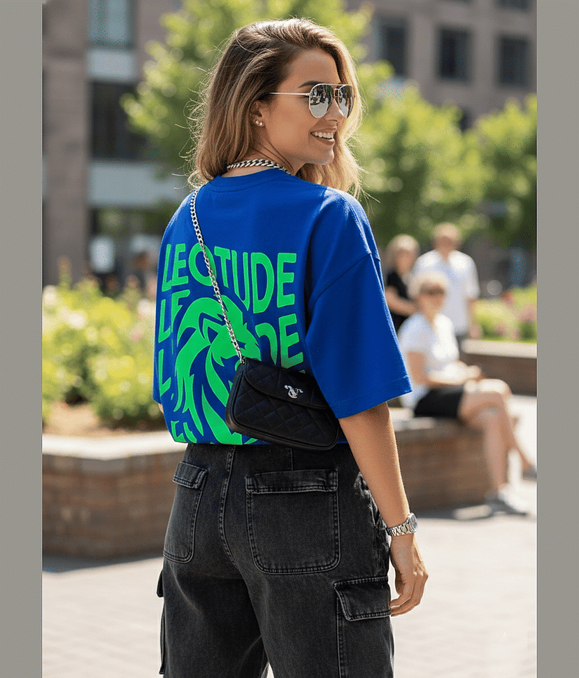 Leotude Women Cotton Blend Printed Oversized Fit Round Neck T-Shirt ( Blue ) view 2