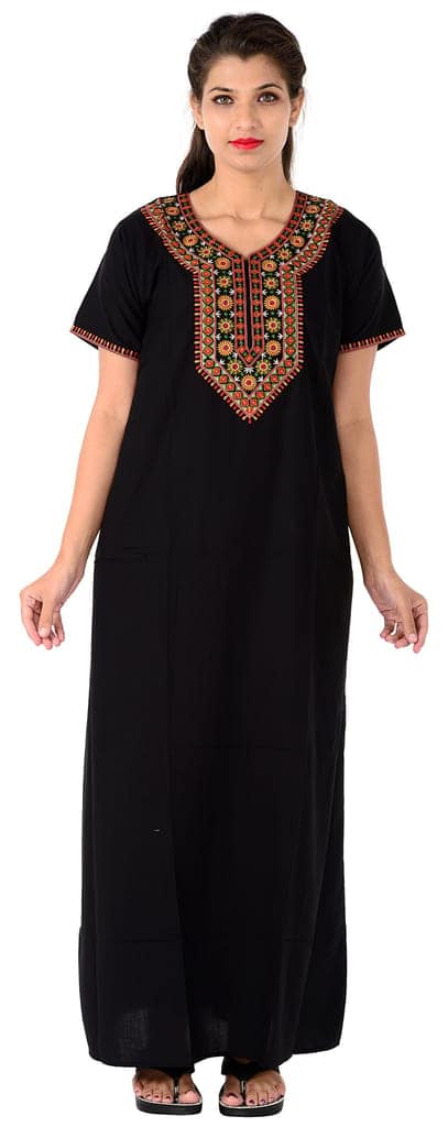VALENCIA SLEEPWEAR Women's Cotton Front Pleades Fabric Round Neck A Line Floral Embroidery Sleepwear Nighty Maxi (Black, L)