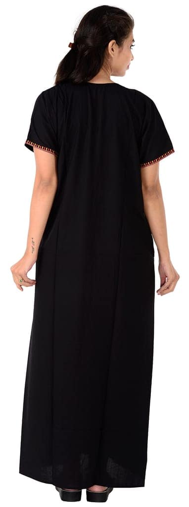 VALENCIA SLEEPWEAR Women's Cotton Front Pleades Fabric Round Neck A Line Floral Embroidery Sleepwear Nighty Maxi (Black, L) view 2