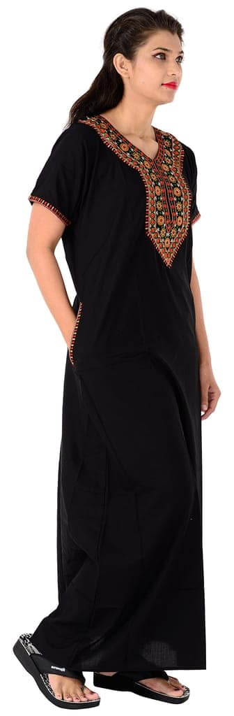 VALENCIA SLEEPWEAR Women's Cotton Front Pleades Fabric Round Neck A Line Floral Embroidery Sleepwear Nighty Maxi (Black, L) view 4
