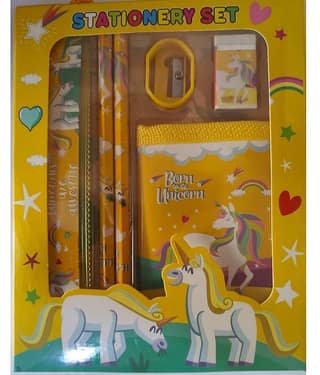 2333 YESKART -6PC YELLOW BERN &UNICORN STATIONERY SET( PACK OF 1) The set includes two pencils, 1eraser, 1 sharpener , 1 WALLET. and a Scale all printed with your favourite characters.