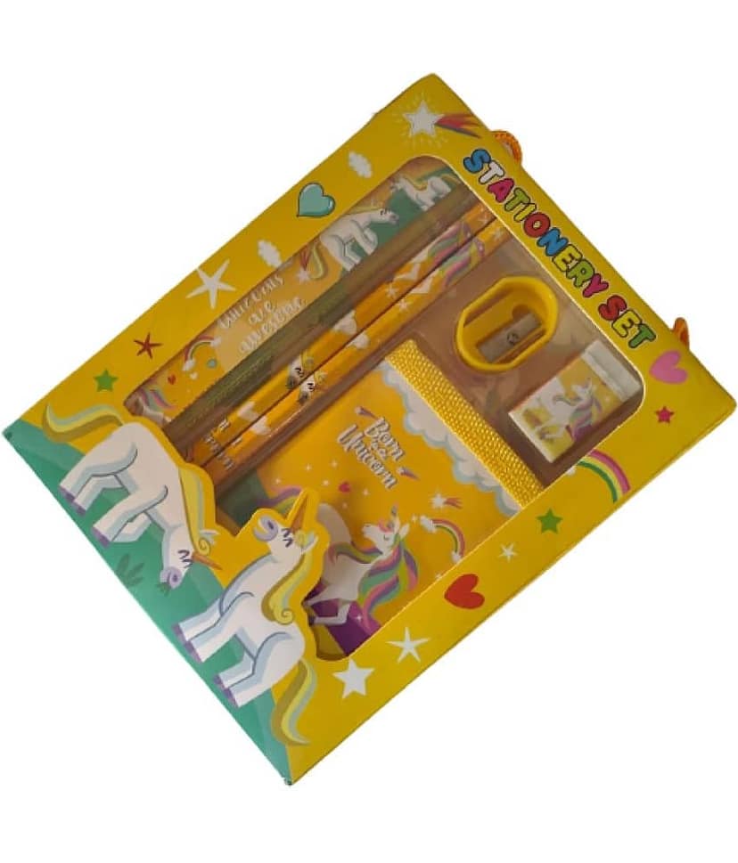 2333 YESKART -6PC YELLOW BERN &UNICORN STATIONERY SET( PACK OF 1) The set includes two pencils, 1eraser, 1 sharpener , 1 WALLET. and a Scale all printed with your favourite characters. view 2