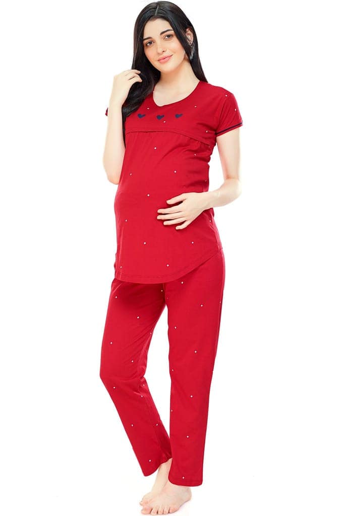 ZEYO Women Cotton Navy Blue Dot Print Maternity & Feeding Night Suit view 4