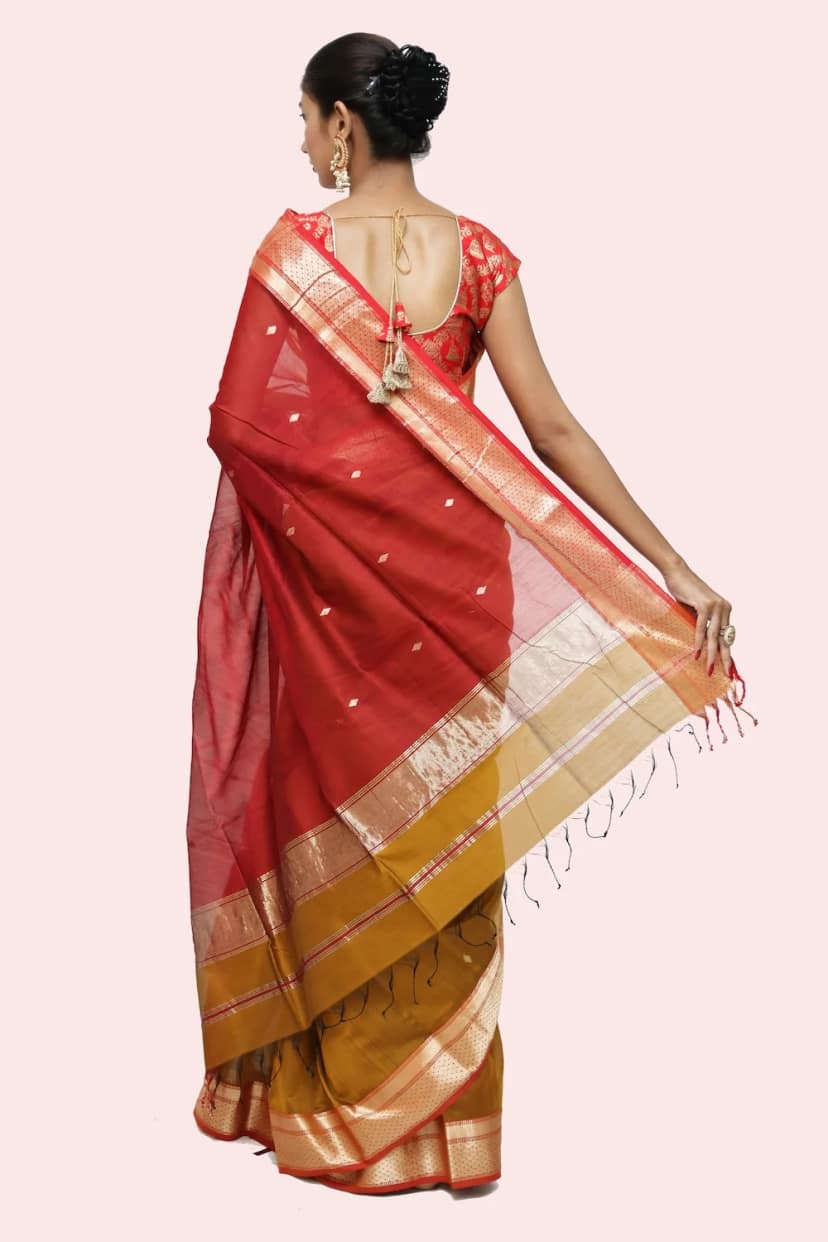 Imperial Mustard Zari Khatia handwoven Saree with Tassels view 4