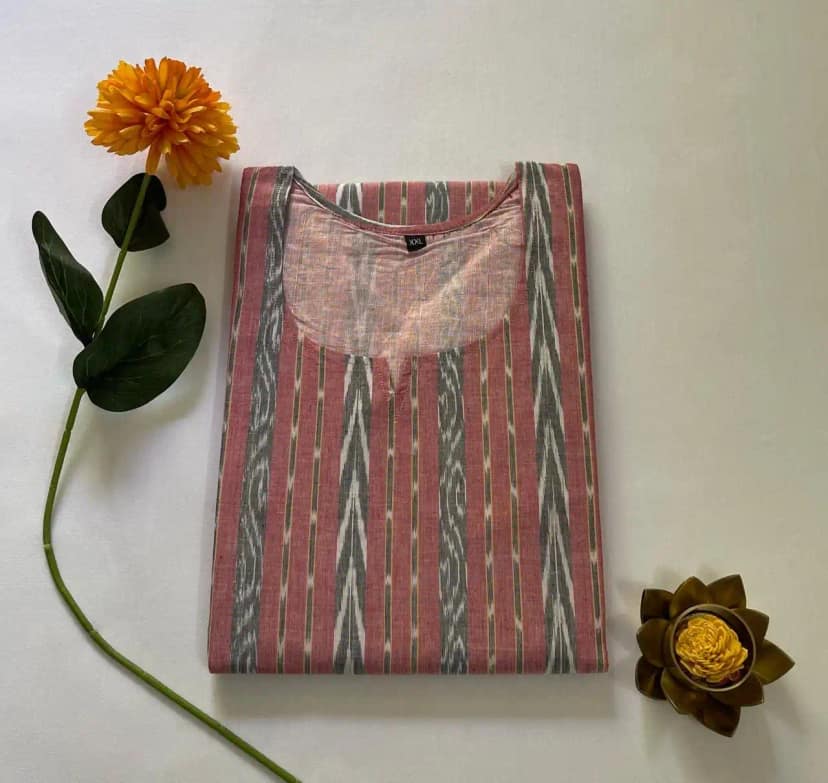 Handloom Sambalpuri Cotton Kurti in Pink with Bandhakala Tie-Dye view 5