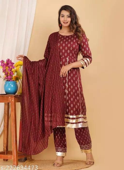 Women Cotton Rayon Printed Anarkali Kurti With Heavy Gota Work Design Along With Pant And Dupatta With Lace Border view 3