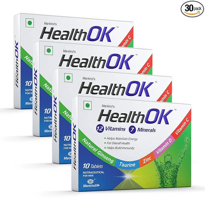 Health OK Multivitamin with Natural Ginseng Taurine power Daily Energy alertness Vitamin D C & other 17 multivitamins minerals for Overall Health 10 Tablets x Pack of 4