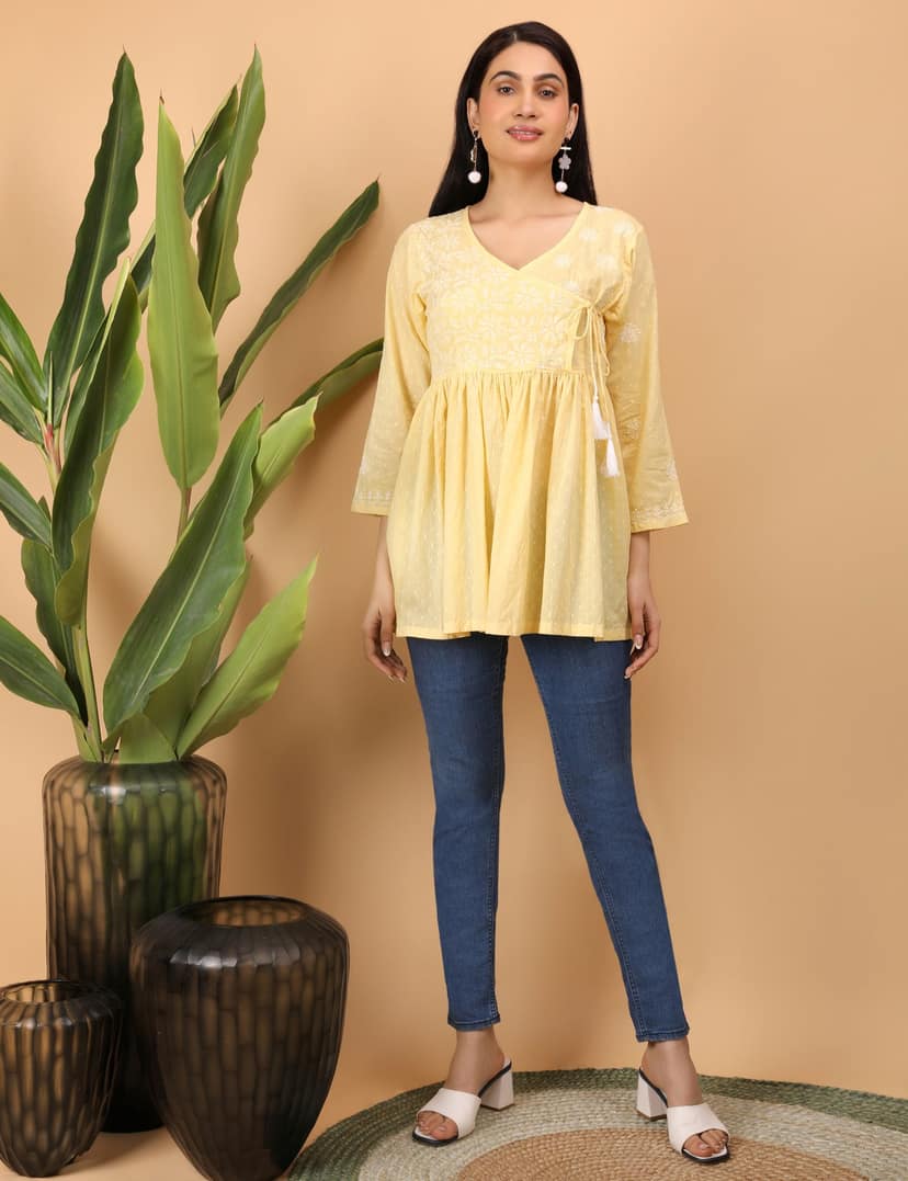 shwet yellow white women chikankari angarkha top view 3