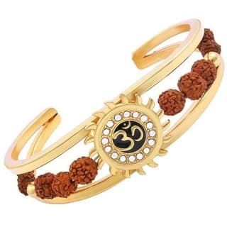 Kesar Zems Special Cubic Om Yoga Half Kada Elegant Premium Rudraksha cuff Brown Gold Brass Wood Kada