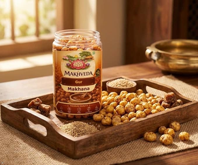 MAKHVEDA - Superfood Power Combo Makhana Roasted Fox Nuts Popped Lotus Seeds Healthy Snack Low Calorie High Protein Gluten Free Crunchy and Delicious Flavours Gud Cheese Kadhi Patta view 3