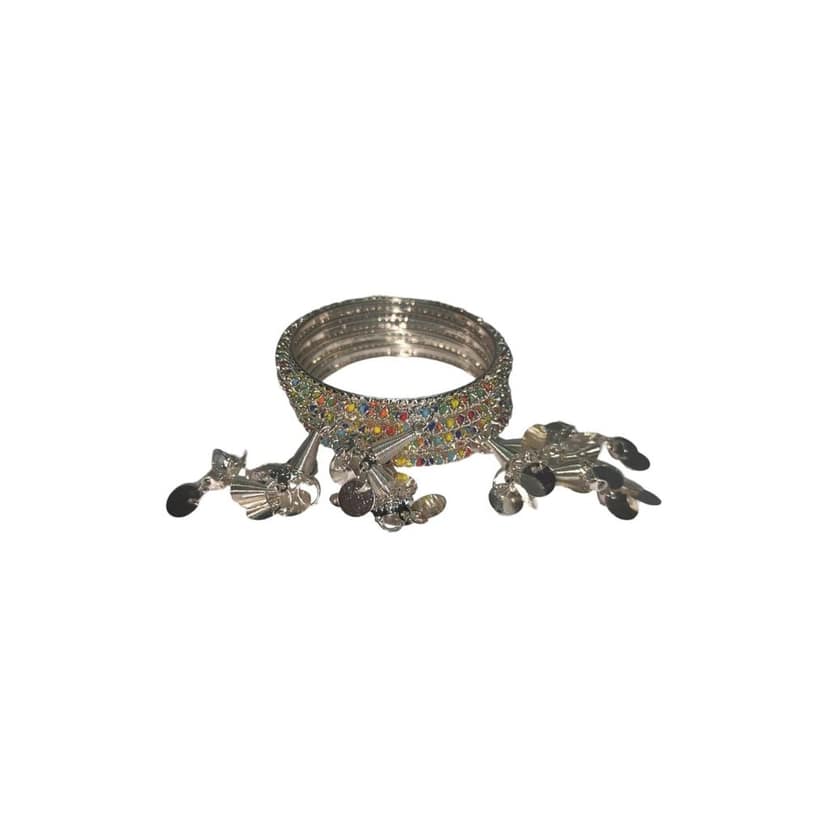 oxidized silver bangles with multi-colored stones and hanging bells view 3