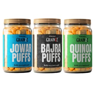Grainzz 3-Puffs Healthy Trio – Jowar, Bajra & Quinoa Puffs | High Fibre | Zero Palm Oil | Light & Crunchy Snack Combo | 450g