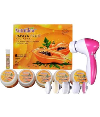 Nutriglow Papaya Fruit Facial Kit For Blemish Free Fairer Complexion(260 gm) With 5 in 1 Face Rotating Massager