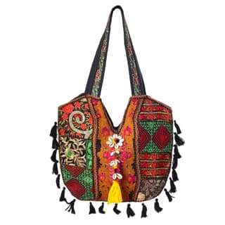 PREET SPICE Bohemian Embroidered Tote Shoulder Bag with Tassels, Handmade Ethnic For Women