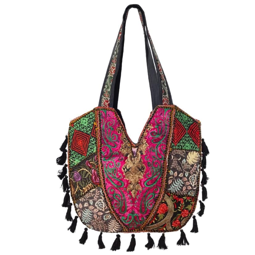 PREET SPICE Bohemian Embroidered Tote Shoulder Bag with Tassels, Handmade Ethnic For Women view 2