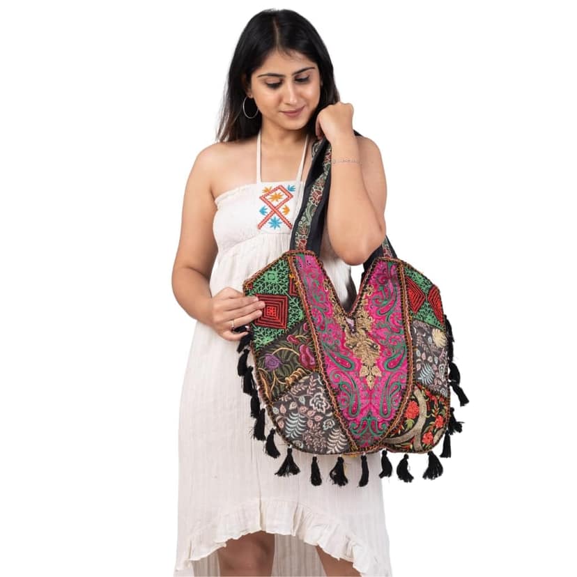 PREET SPICE Bohemian Embroidered Tote Shoulder Bag with Tassels, Handmade Ethnic For Women view 5