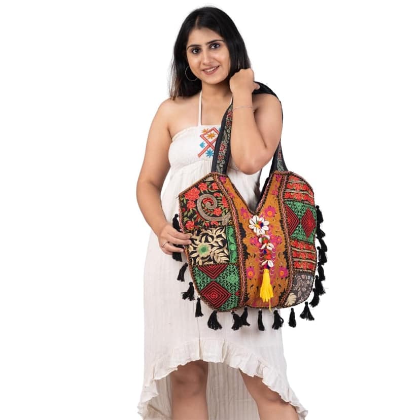 PREET SPICE Bohemian Embroidered Tote Shoulder Bag with Tassels, Handmade Ethnic For Women view 6