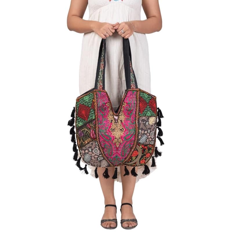 PREET SPICE Bohemian Embroidered Tote Shoulder Bag with Tassels, Handmade Ethnic For Women view 7