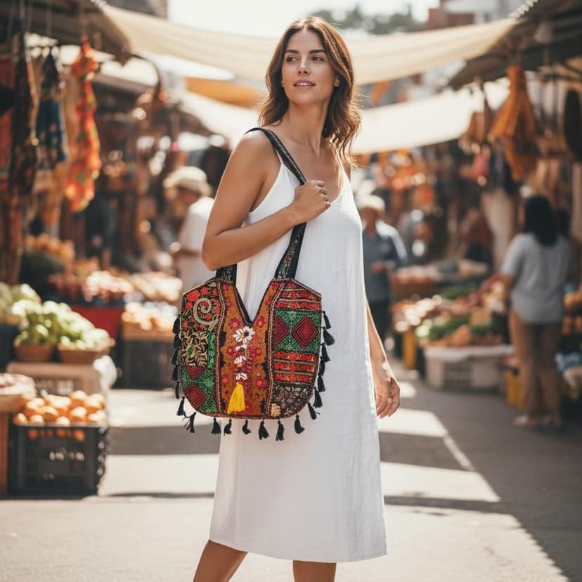 PREET SPICE Bohemian Embroidered Tote Shoulder Bag with Tassels, Handmade Ethnic For Women view 9