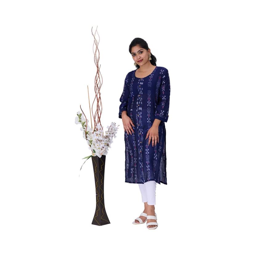 GHL GUENDICHA HAAT Sambalpuri Certified Handloom Women's Pure Cotton Round Neck Front Slit Kurta view 4
