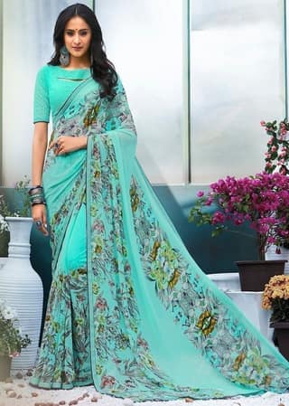 Blue Color Georgette Saree With Fancy Embroidery Lace Border And Embroidery Georgette Blouse Piece