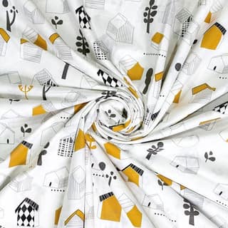 100% Cotton Sateen Fabric with Whimsical House Print, Perfect for Sewing and Crafting Projects