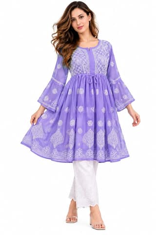 Mrs Right Women’s Short Georgette Gown Frock with Handcrafted Lucknowi Chikankari Work, Umbrella Sleeves & Adjustable Waist Belt, Thigh Length