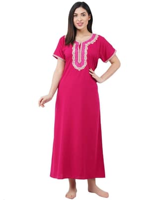 KOI SLEEPWEAR Premium Women White Contrast Embroidery Night Gown Lizzybizzy Cotton Nighty Maxi (Large, Pink)�