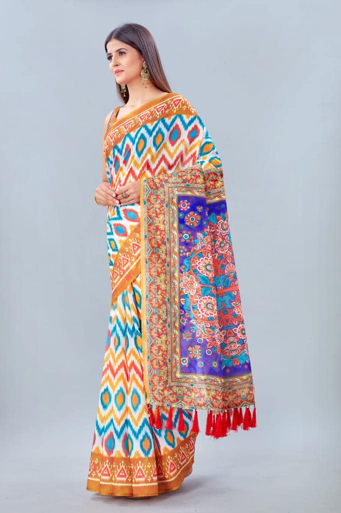 Women's Pure Cotton Ikkat Digital Print Multicolor Saree view 2