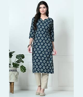 AMTHI 100% Cotton Printed Straight Women's Kurti - Teal ( Pack of 1 )