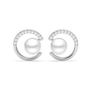 Freshwater Cultured Pearl and Diamond Circle Stud Earrings in 14K White Gold