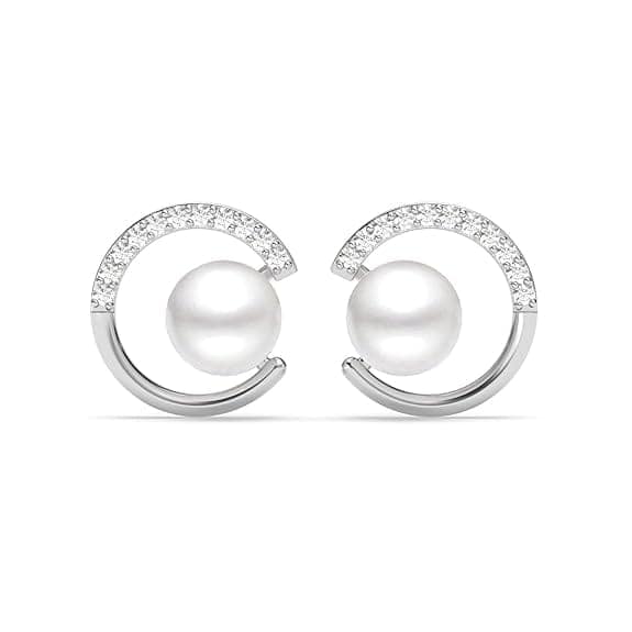 Freshwater Cultured Pearl and Diamond Circle Stud Earrings in 14K White Gold
