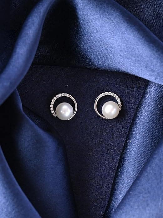 Freshwater Cultured Pearl and Diamond Circle Stud Earrings in 14K White Gold view 3