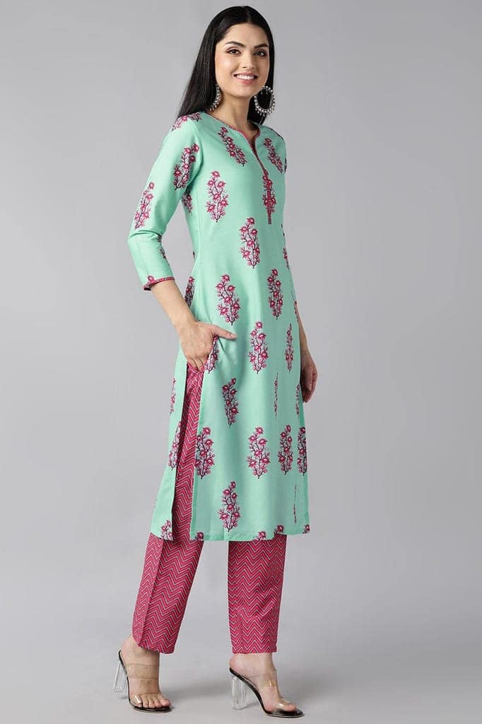 Sea Green Polyester Ethnic Motifs Straight Suit Set PKSKD1083 view 2