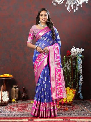 Blue Organza Silk Woven Design with Meenakari Weaving Saree
