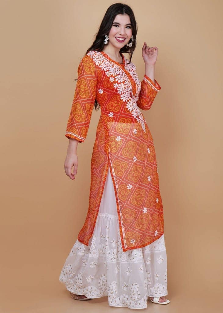 Handcrafted Kota Chikankari Straight Kurta - Orange view 3