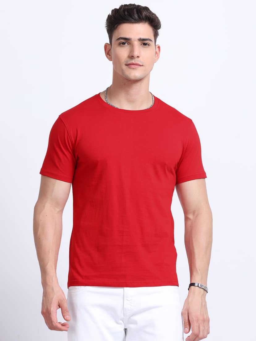 Cotton T-Shirt | Ultrafine Single Jersey | 180 GSM | Biowashed | Eco-Friendly | 100% cotton | Plain tshirt | Red Colour | Size - XL (44 Chest / 29 length ) view 2