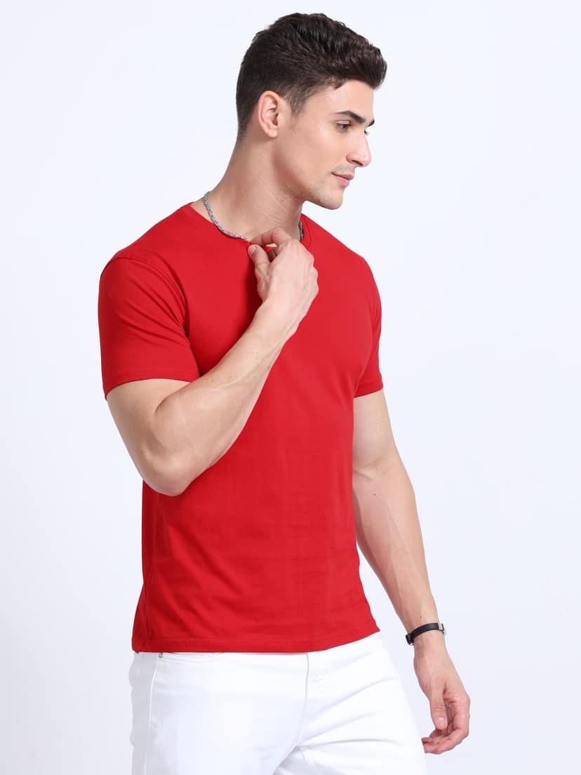 Cotton T-Shirt | Ultrafine Single Jersey | 180 GSM | Biowashed | Eco-Friendly | 100% cotton | Plain tshirt | Red Colour | Size - XL (44 Chest / 29 length ) view 3