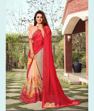 VEDANT VASTRAM Georgette Printed Saree With Unstitched Blouse Piece ( Red )