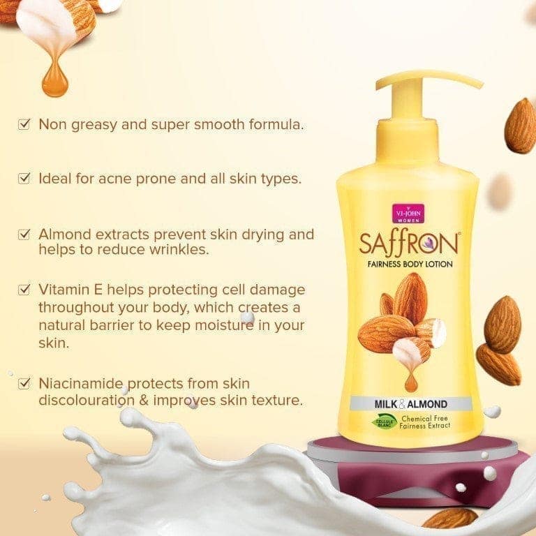 VI-JOHN Women Saffron Chemical Free Milk & Almond Fairness Body Lotion With Vitamin E - 250ML view 5