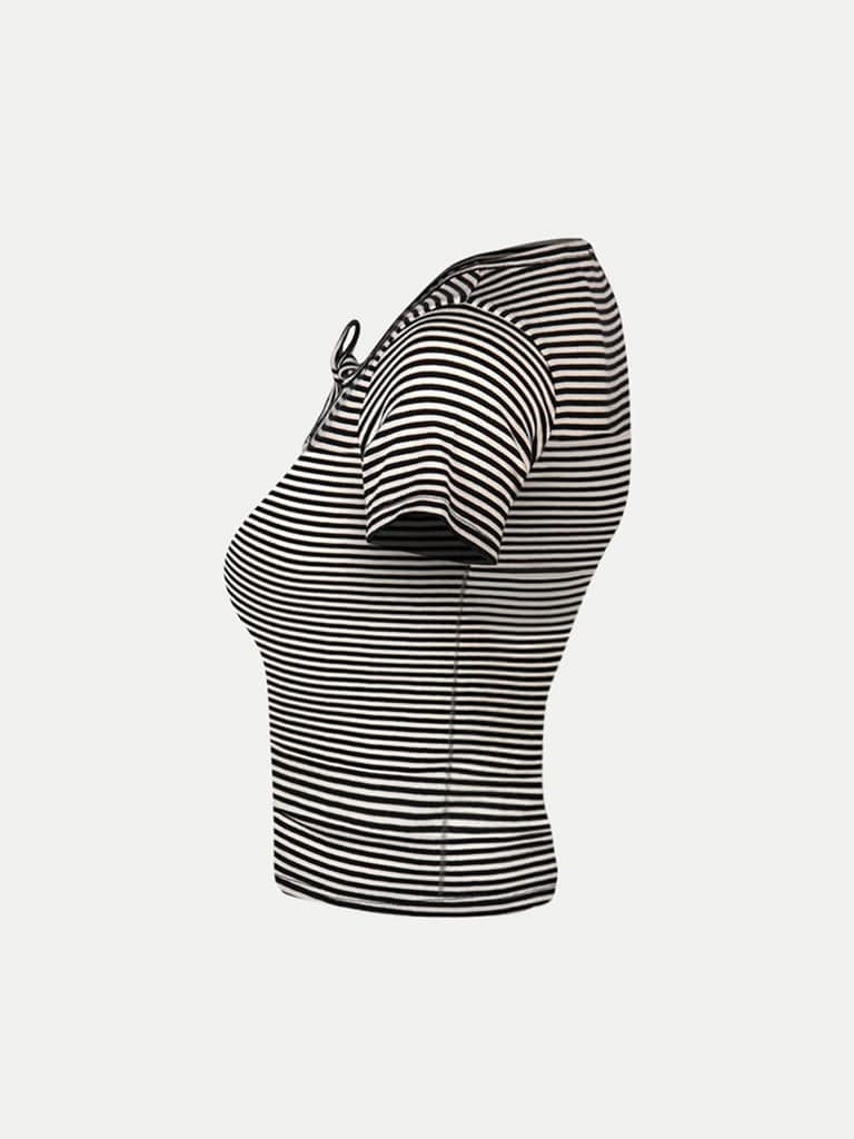 Women Striped Black Ribbed Keyhole Crop Top view 3