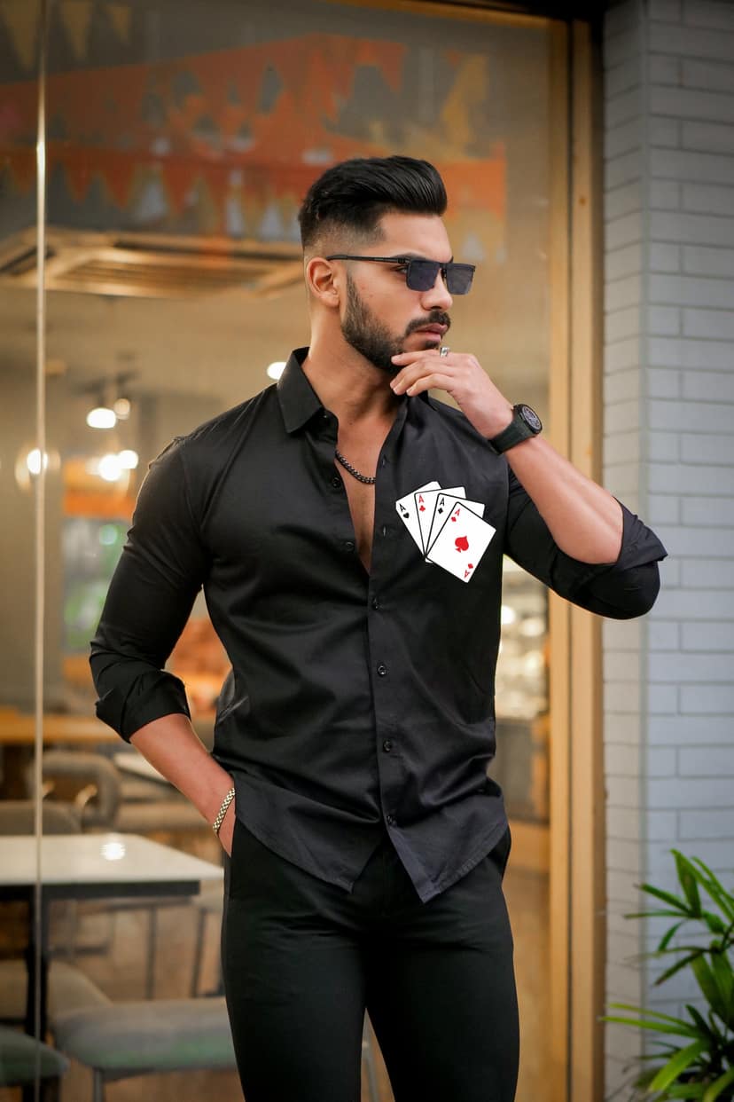 Black Club Wear Cards Printed Satin Cotton Shirt view 2