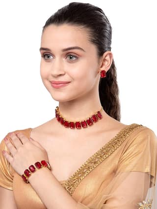 Trendy Crystal Stones Necklace Set with Earrings and Bracelet Combo for women and Girls