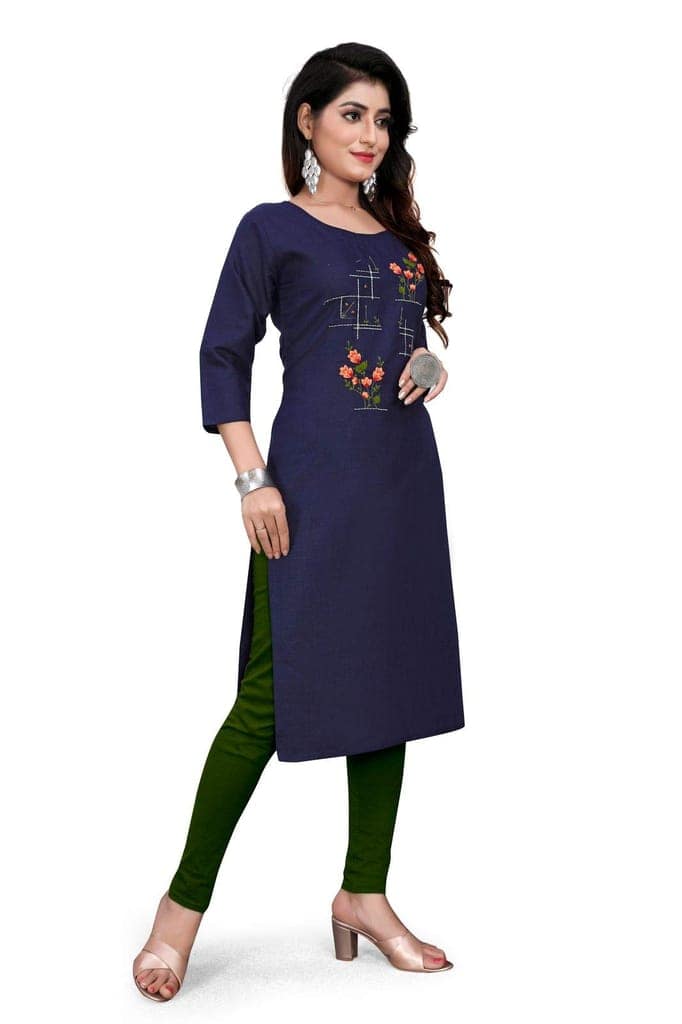STYLEOO Ruby Slub 3/4 Sleeves Embroidered Kurti for Women's (M, L, XL, XXL Dark Blue) view 3