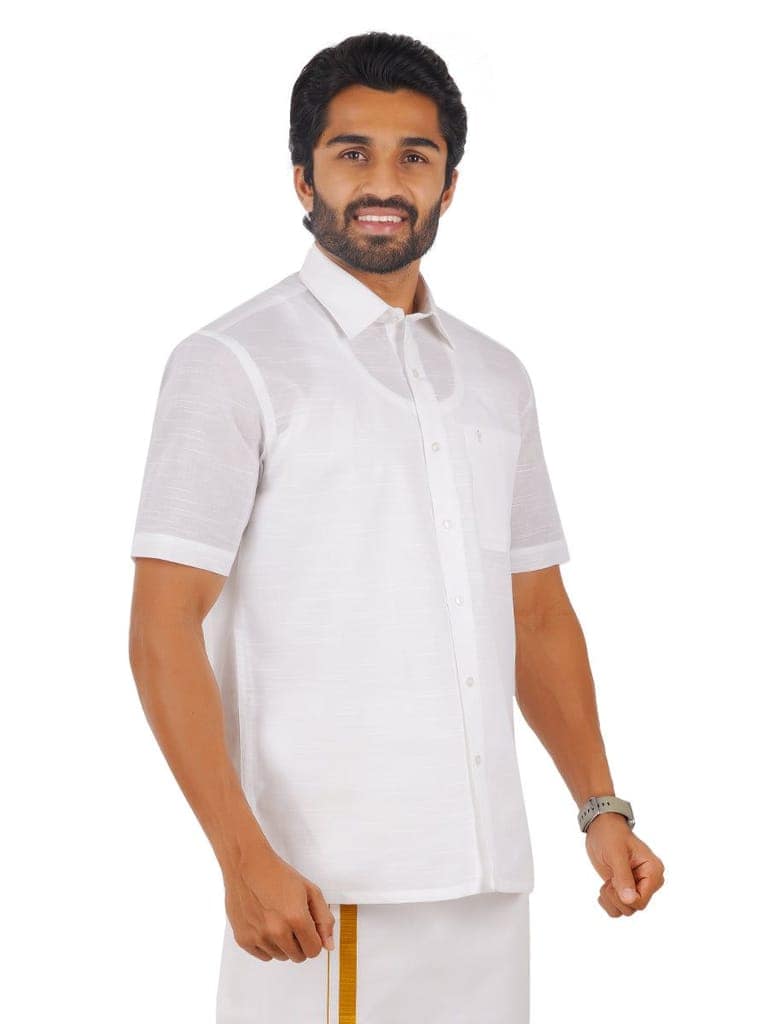 Mens Cotton Mixed White Shirt Half Sleeves Celebrity White V5 view 2