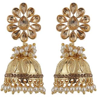 Engraved Jhumki Drop Crystal Top Earrings Golden Copper Material Drop Hook Earrings for Women's Fashion Jewelry
